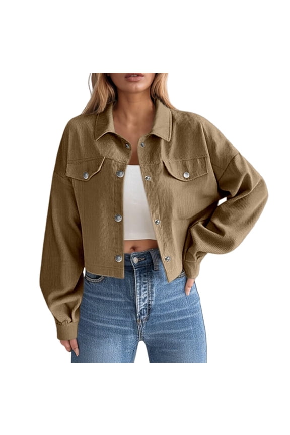 Womens Corduroy Jacket Fall Winter Trendy Cropped Jackets Button Down Shacket Long Sleeve Outerwear With Pockets