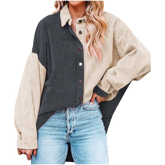 Oplxuo Womens Corduroy Long Sleeve Button Down Shirts Color Block Shacket Jacket Oversized Boyfriend Blouses Tops