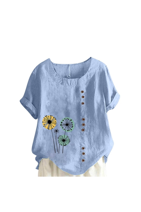 Womens Cotton Gauze Shirt Dandelion Print Summer Beach Blouse Short Sleeve Casual Loose Comfy Tunic Tops Plus Size