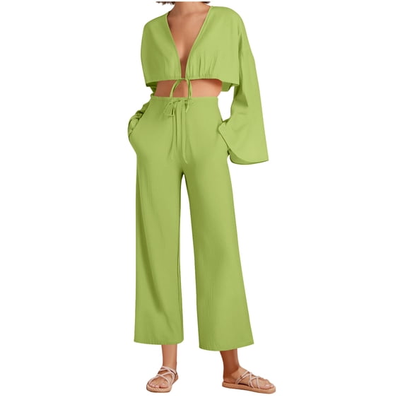 Oplxuo Womens Cotton Linen Sets 2 Piece Bell Sleeve Crop Tops Wide Leg Palazzo Pants Loungewear Vacation Outfits with Pocket