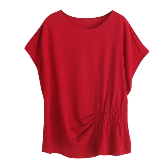 Oplxuo Womens Crew Neck Batwing Sleeve Jacquard Blouse Plus Size Ruched Ruffle Shirts Summer Casual Dressy Loose Babydoll Tops