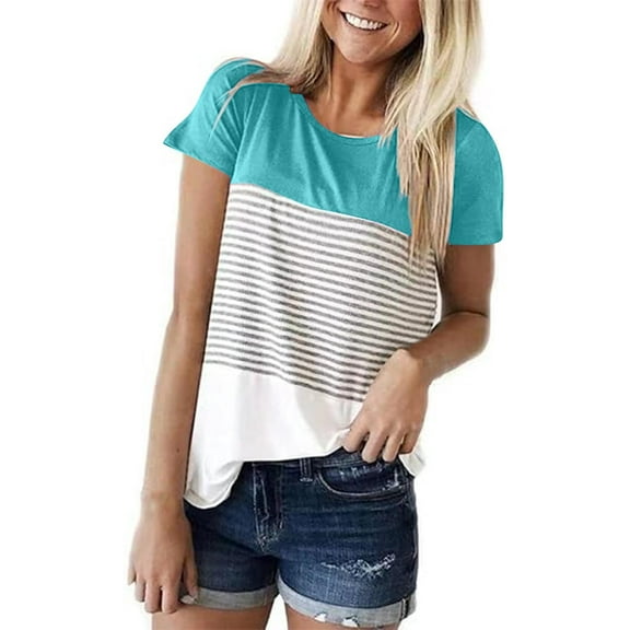 Oplxuo Womens Crew Neck Short Sleeve Tees Color Block Striped T-Shirt Casual Loose Fashion Tee Tops