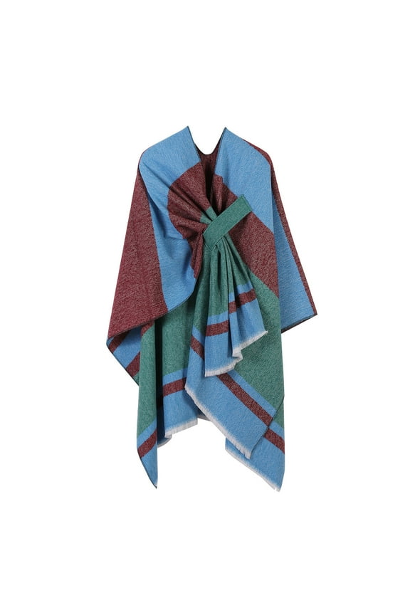 Womens Cross Front Poncho Sweater Colorblock Elegant Wrap Topper Open Front Knitted Cardigan Shawls Cape