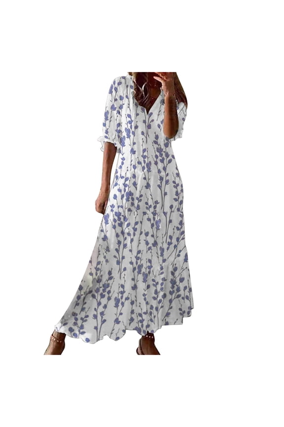 Womens Cute Boho V Neck Floral Ruffle Short Sleeve Dress Drawstring Flowy Swing Wedding Guest Dresses for Women