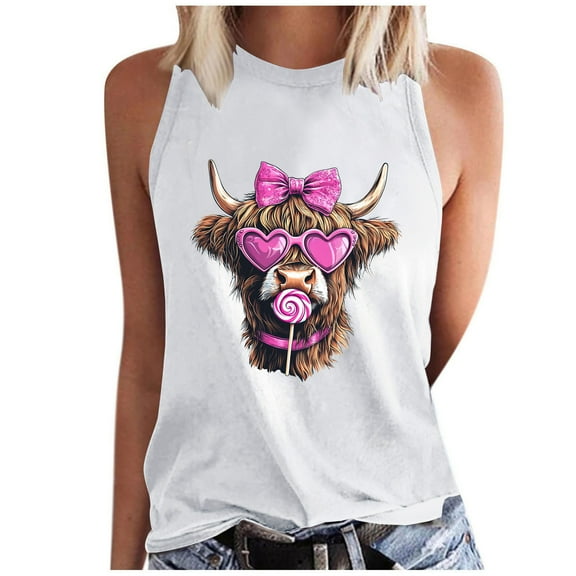 Oplxuo Womens Cute Graphic Tank Tops Crewneck Casual Summer Sleeveless Vintage Western Cowgirl Country Music T-Shirts
