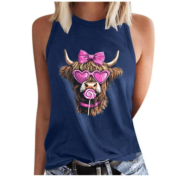 Oplxuo Womens Cute Graphic Tank Tops Crewneck Casual Summer Sleeveless Vintage Western Cowgirl Country Music T-Shirts