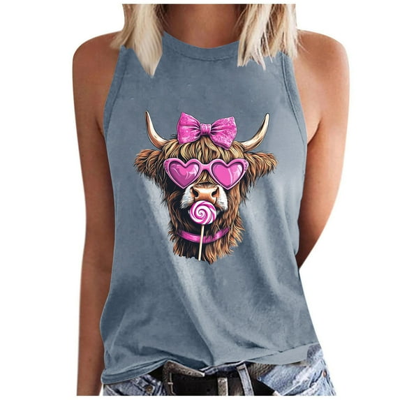 Oplxuo Womens Cute Graphic Tank Tops Crewneck Casual Summer Sleeveless Vintage Western Cowgirl Country Music T-Shirts