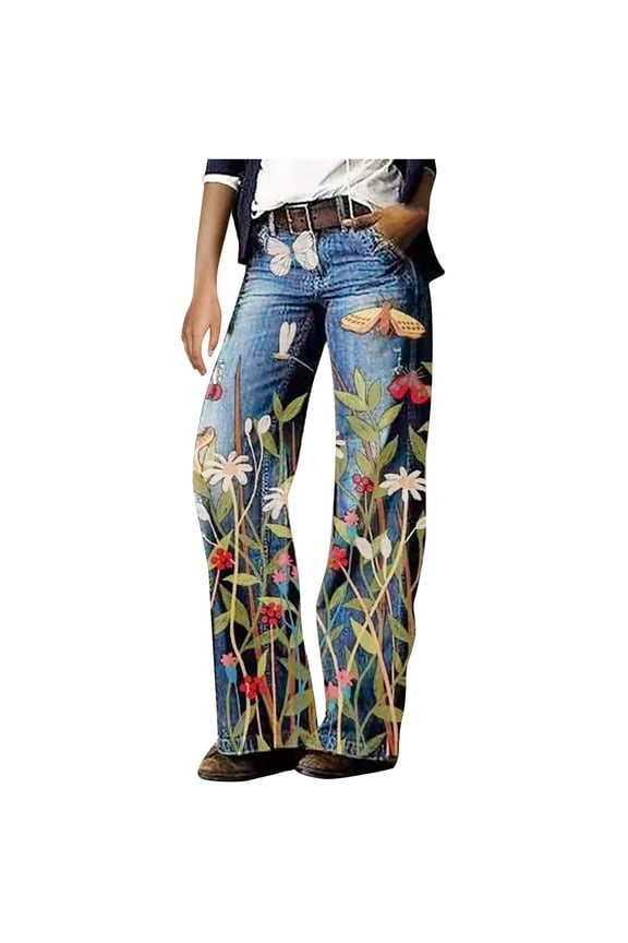 Womens Denim Printed Floral Graphic Elastic Waist Palazzo Pants Casual Loose Wide Leg Zipper Trousers with 2 Pockets