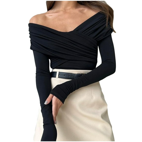 Oplxuo Womens Elegant Off the Shoulder Fitted Shirt Ruched V neck Long Sleeve Tops Solid Fall Y2K Tight Going Out T Shirts