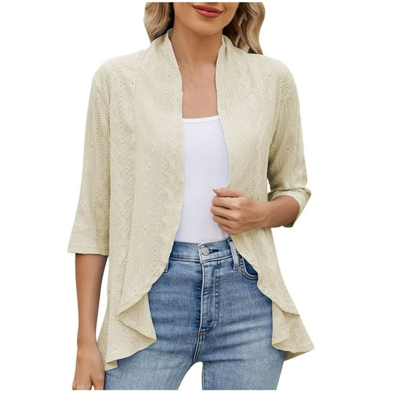 Oplxuo Womens Eyelets Shrugs Tops Casual Solid 3/4 Sleeve Bolero Elegant Crop Cardigan Coverup Shirts Blouse