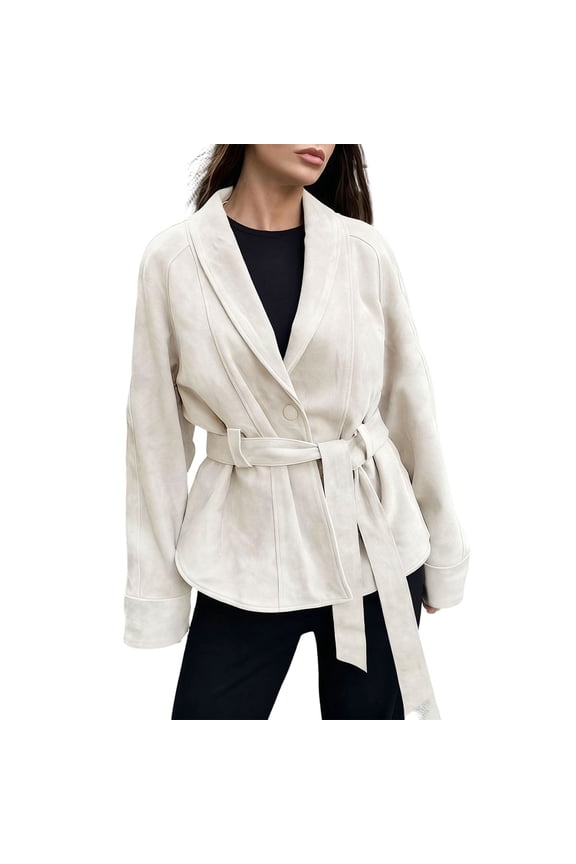 Womens Faux Suede Jacket with Belt Long Sleeve Button Down Belted Suede Leather Jacket Coats