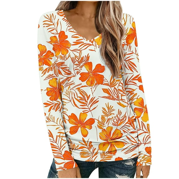 Oplxuo Womens Floral Print Long Sleeve V Neck Shirts Fall Tops Cute Trendy Basic Slim Fit Tunic Blouses Cotton T Shirts