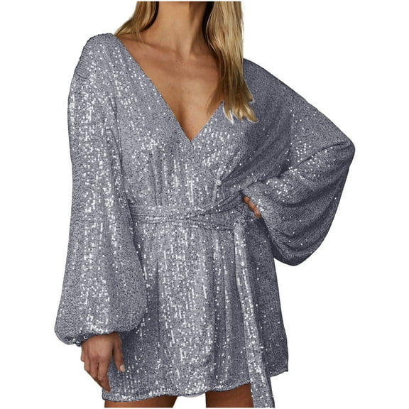 Oplxuo Womens Glitter Dress Wrap V Neck Long Sleeve Swing Club Cocktail Mini Dresses Sequin Sparkle Dress