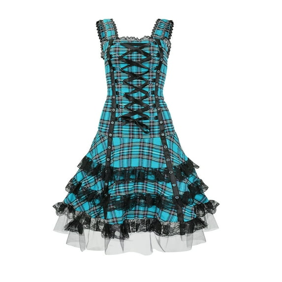 Oplxuo Womens Gothic Plaid Medieval Renaissance Corset Mini Dresses Vintage Laceup Front Sleeveless A-Line Punk Goth Dress