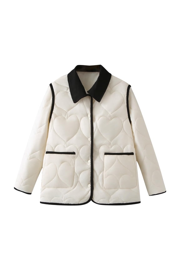 Womens Heart Textures Lapel Quilted Jacket, Lightweight Loose Button Down Casual Long Sleeve Padded Outwear Coats