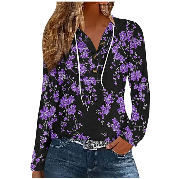 Oplxuo Womens Hoodies 2025 Fall Fashion Boho Floral Print Thin Sweatshirts Long Sleeve Button V-Neck Eyelet Casual Hoody