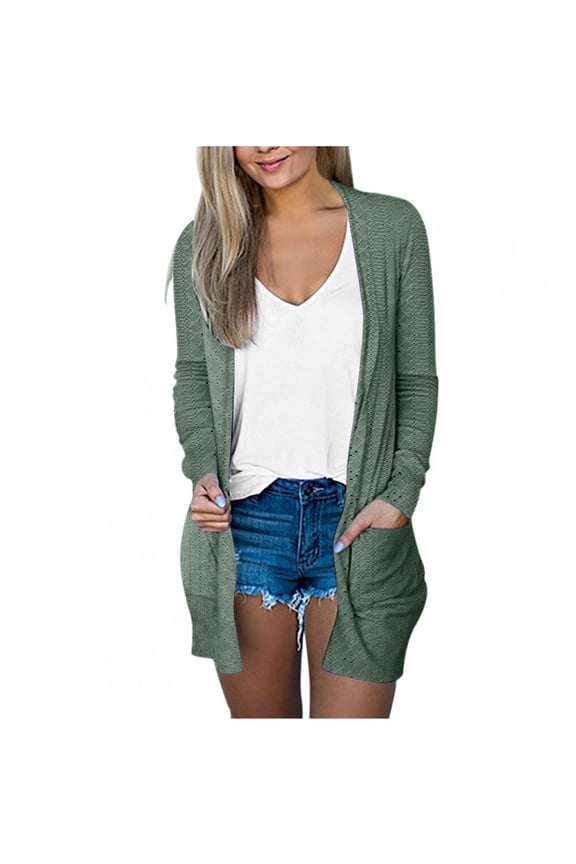 Womens Lightweight Eyelets Cardigans Open Front Long Sleeve Jackets Lightweight Casual Fall Outerwear with Pockets