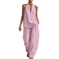 thumbnail image 1 of Oplxuo Womens Linen 2 Piece Sets Fashion Sleeveless V Neck Halter Top Matching Baggy Wide Leg Pants Set Summer Casual Outfits, 1 of 7
