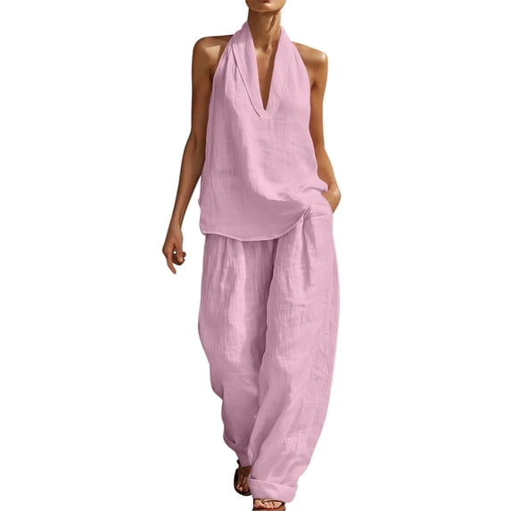 Oplxuo Womens Linen 2 Piece Sets Fashion Sleeveless V Neck Halter Top Matching Baggy Wide Leg Pants Set Summer Casual Outfits