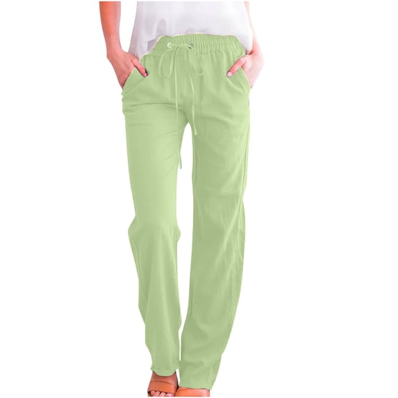 Oplxuo Womens Linen Pants Casual Drawstring Elastic Summer Straight Leg Pants Beach Lounge Trousers with Pockets