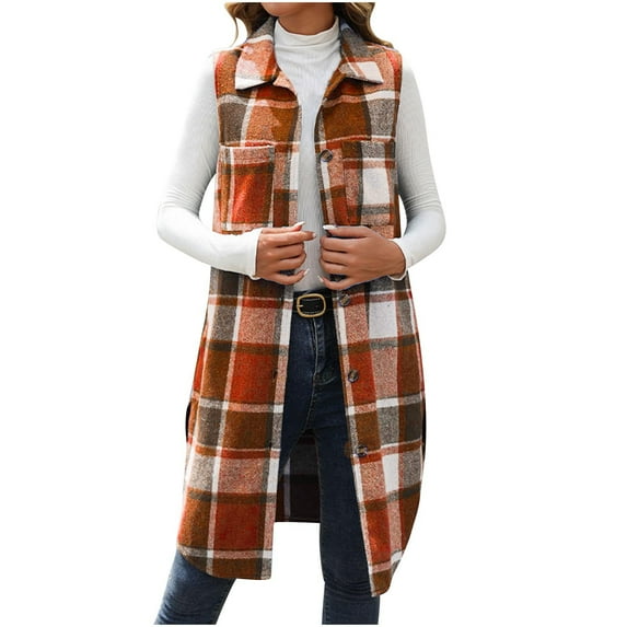 Oplxuo Womens Long Flannel Plaid Vest, Button Down Lapel Sleeveless Fashion Shirt Jackets With Pockets