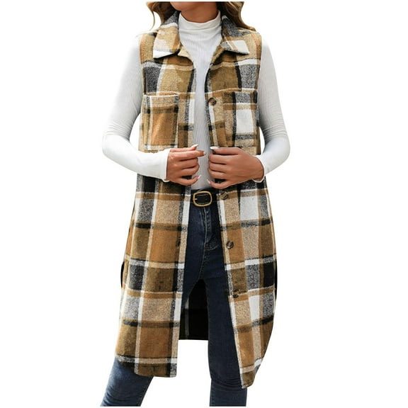 Oplxuo Womens Long Flannel Plaid Vest, Button Down Lapel Sleeveless Fashion Shirt Jackets With Pockets