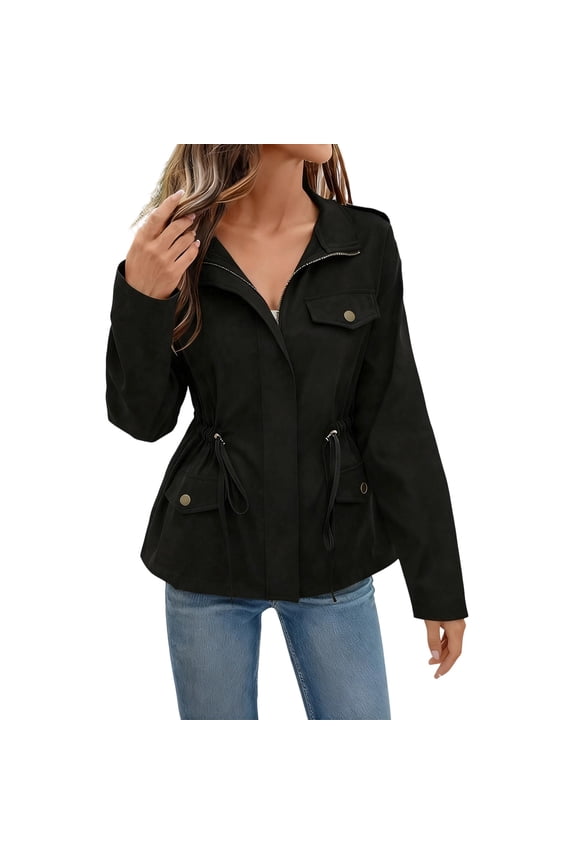 Womens Long Sleeve Jacket Zip-Up Waist Cinched Solid Color Casual Coat Outwear Fall Outfit Shackets