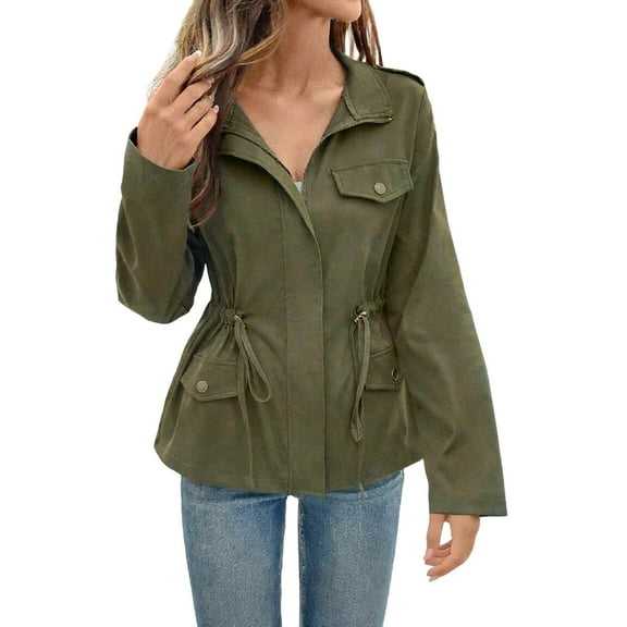 Oplxuo Womens Long Sleeve Jacket Zip-Up Waist Cinched Solid Color Casual Coat Outwear Fall Outfit Shackets