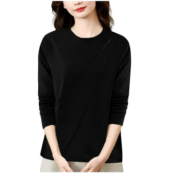 Oplxuo Womens Long Sleeve Shirts Pleated Crew Neck Casual Fall Fashion Tops Loose Fit Lightweight Girls Outfits Clothes