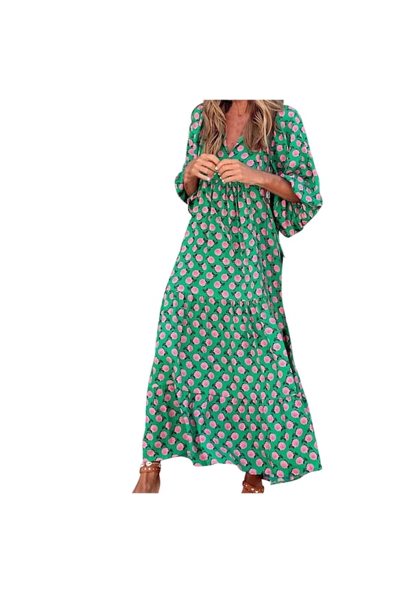 Womens Loose Fit Casual Summer V Neck Half Sleeve Bohemian Geometric Pattern Maxi Long Dresses