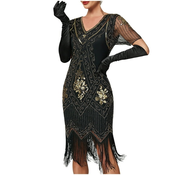 Oplxuo Womens Luxury Embroidery Lace 1920s Flapper Dress Elegant Sequins Tassel Roaring 20s Great Gatsby Party Evening Dress