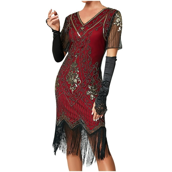 Oplxuo Womens Luxury Embroidery Lace 1920s Flapper Dress Elegant Sequins Tassel Roaring 20s Great Gatsby Party Evening Dress