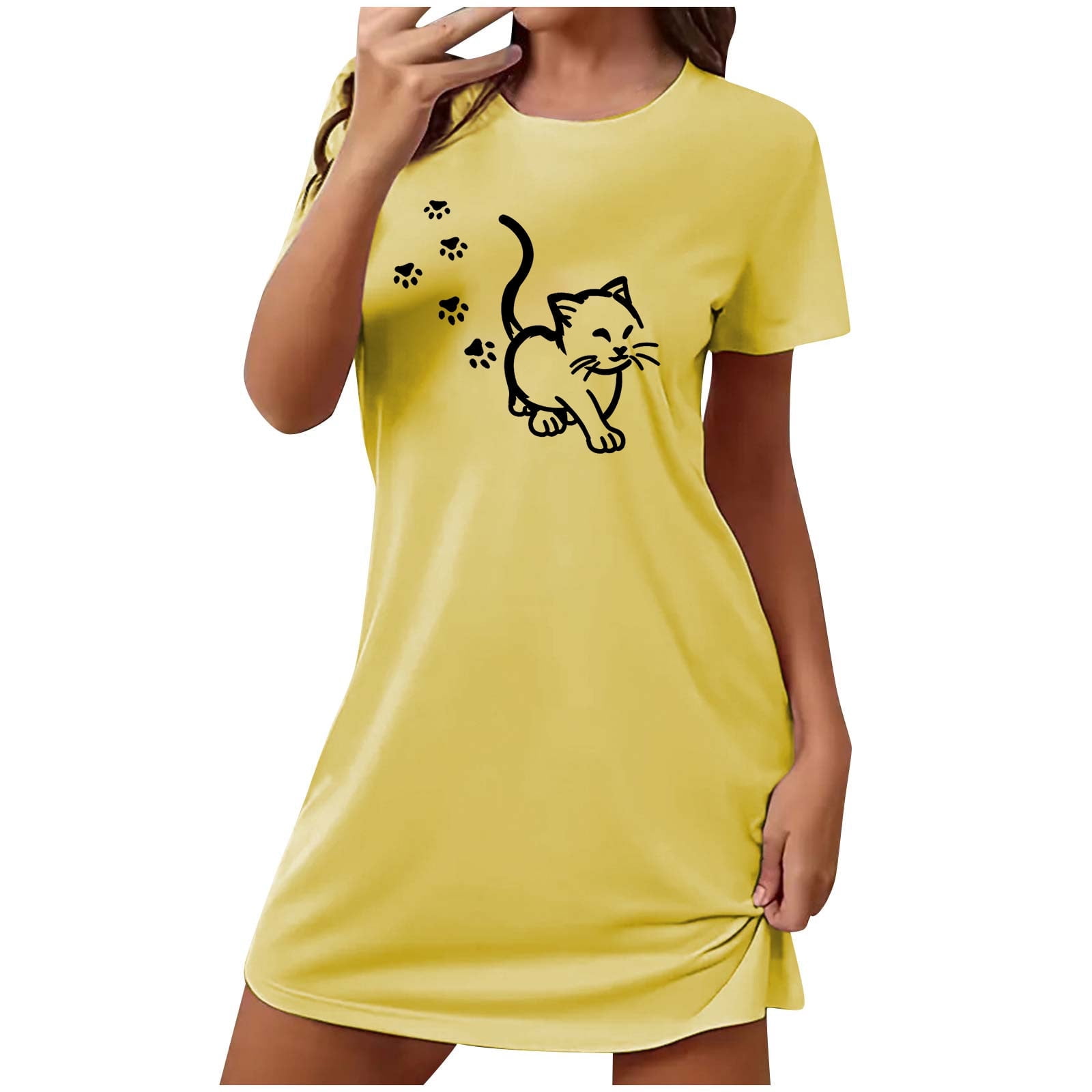 cat shirt dress Oplxuo Nightgown for Woman Cute Cat Printed T-Shirt Dress Short Sleeve Sleep Shirt Summer Crewneck Tunic Tops Sleepwear, Women's, Size: Medium, Blue