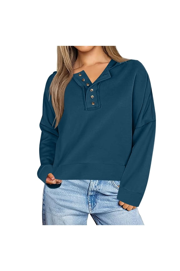 Womens Oversized Casual Tunic Button Down V Neck Hoodies Oversized Pullover Sweatshirts Hooded Tops with Pockets