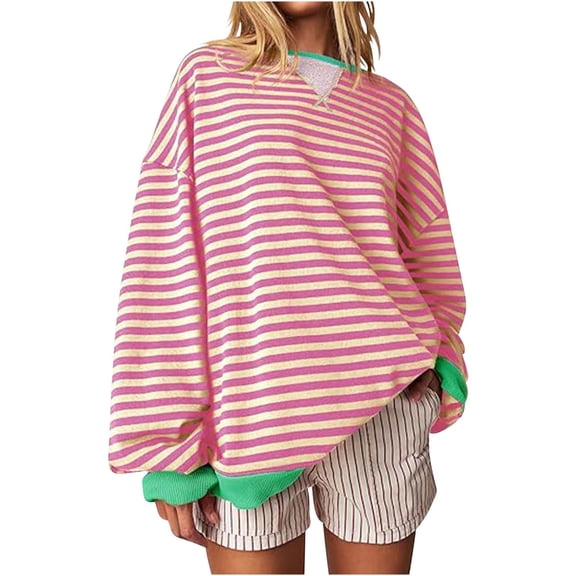 Oplxuo Womens Oversized Striped Sweatshirt Color Block Crewneck Long Sleeve Tops 2025 Fall Pullover Tee Shirts Preppy Clothes