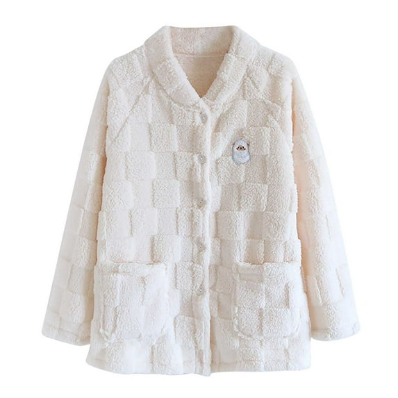 Oplxuo Womens Pajamas Fluffy Fuzzy Button Down Winter Warm Pj Tops Loose Cute Fleece Sleepwear Jacket with Pockets