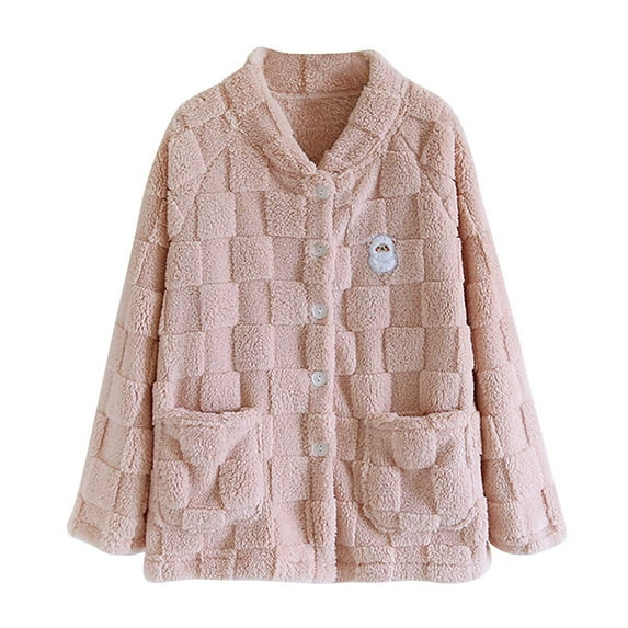 Oplxuo Womens Pajamas Fluffy Fuzzy Button Down Winter Warm Pj Tops Loose Cute Fleece Sleepwear Jacket with Pockets