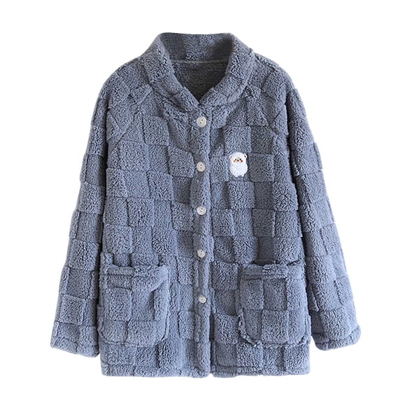 Oplxuo Womens Pajamas Fluffy Fuzzy Button Down Winter Warm Pj Tops Loose Cute Fleece Sleepwear Jacket with Pockets