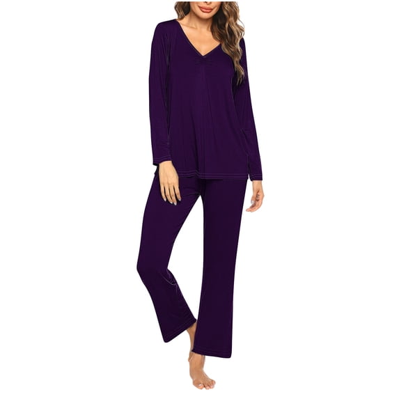 Oplxuo Womens Pajamas Sets Casual Solid Long Sleeve V Neck Sleepwear Tops and Pjs Bottom Long Pants 2 Piece Lounge Sets