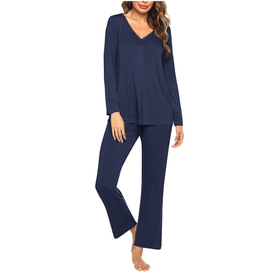 Oplxuo Womens Pajamas Sets Casual Solid Long Sleeve V Neck Sleepwear Tops and Pjs Bottom Long Pants 2 Piece Lounge Sets