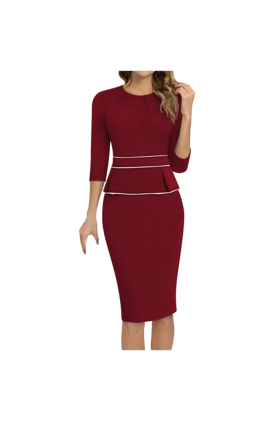 Womens Peplum Bodycon Pencil Midi Dress - Elegant 3/4 Sleeve Business Work Church Knee Length Sheath Dresses