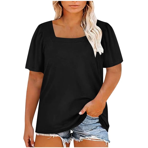 Oplxuo Womens Plus Size Fall Tops Square Neck Puff Long Sleeve Casual Loose Tee Shirts