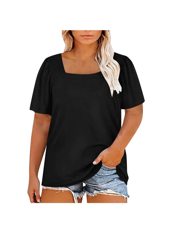Womens Plus Size Fall Tops Square Neck Puff Long Sleeve Casual Loose Tee Shirts