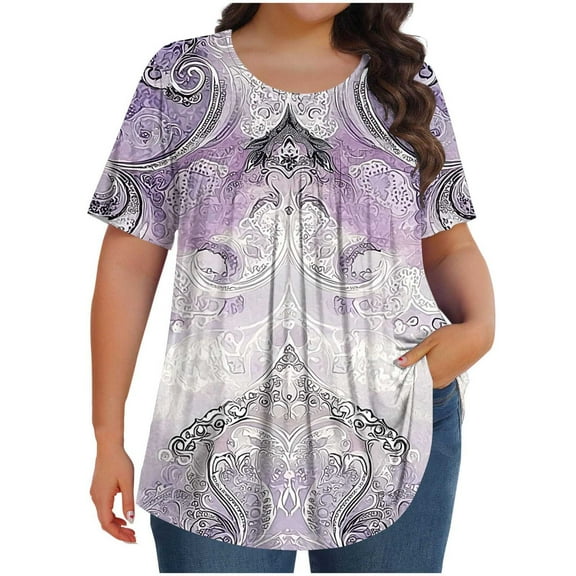 Oplxuo Womens Plus Size Tops Summer Casual Floral Print Shirts Short Sleeve Crew Neck Blouses Flowy Pleated Tunics