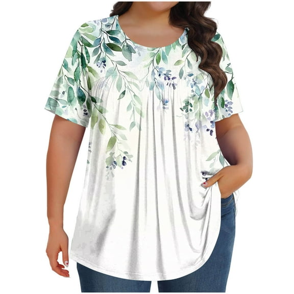 Oplxuo Womens Plus Size Tops Summer Casual Floral Print Shirts Short Sleeve Crew Neck Blouses Flowy Pleated Tunics