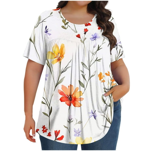 Oplxuo Womens Plus Size Tops Summer Casual Floral Print Shirts Short Sleeve Crew Neck Blouses Flowy Pleated Tunics