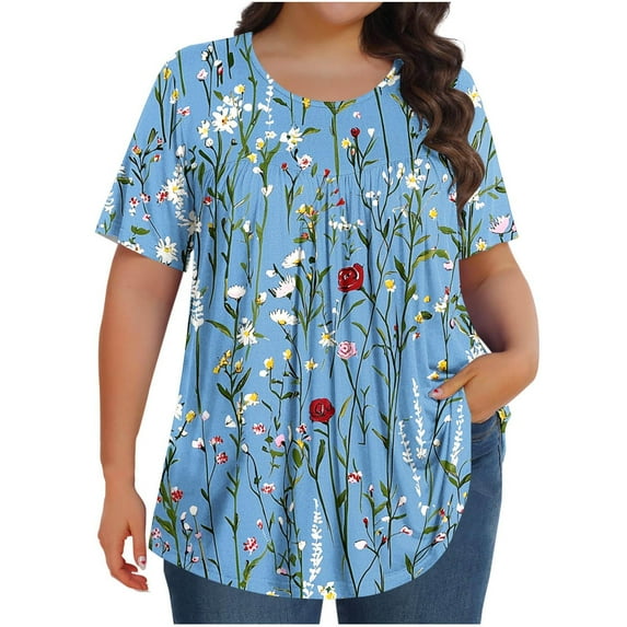 Oplxuo Womens Plus Size Tops Tunic Short Sleeve Crew Neck Shirts Casual Soft Floral Blouse