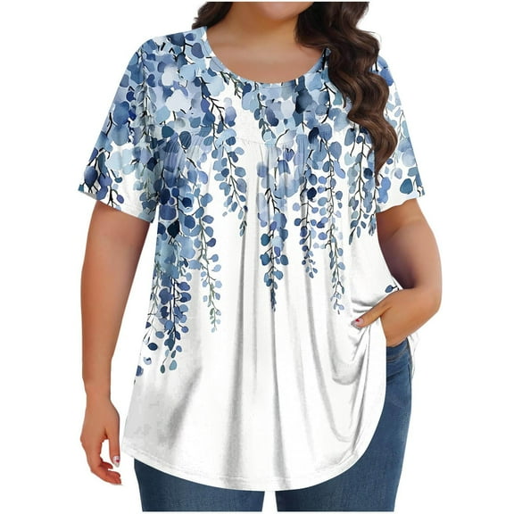 Oplxuo Womens Plus Size Tops Tunic Short Sleeve Crew Neck Shirts Casual Soft Floral Blouse