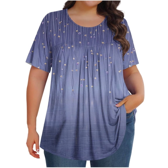 Oplxuo Womens Plus Size Tops Tunic Short Sleeve Crew Neck Shirts Casual Soft Floral Blouse