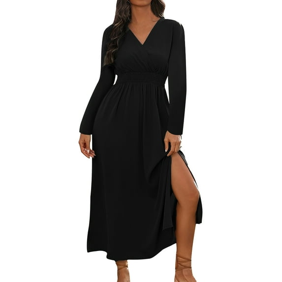 Oplxuo Womens Plus Size Wedding Guest Cocktail Maxi Dress Long Sleeve Elastic Waist V-Neck A-Line Side Slit Flowy Dresses